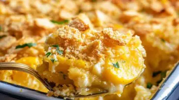 A spoonful of creamy squash casserole with a crispy cracker topping being served from a white baking dish.