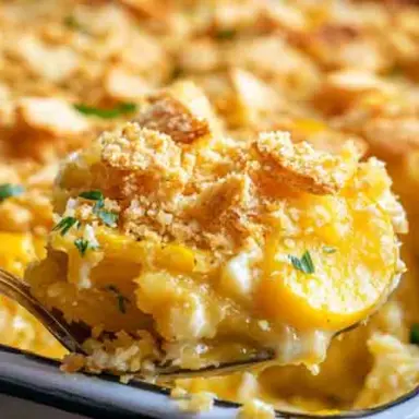 A spoonful of creamy squash casserole with a crispy cracker topping being served from a white baking dish.