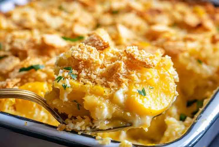 A spoonful of creamy squash casserole with a crispy cracker topping being served from a white baking dish.