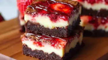 Close-up of two stacked strawberry cheesecake brownies on a wooden board, showing rich chocolate brownie layers, creamy cheesecake center, and a glossy strawberry swirl on top.