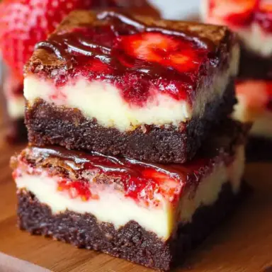 Close-up of two stacked strawberry cheesecake brownies on a wooden board, showing rich chocolate brownie layers, creamy cheesecake center, and a glossy strawberry swirl on top.