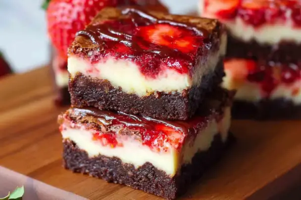 Close-up of two stacked strawberry cheesecake brownies on a wooden board, showing rich chocolate brownie layers, creamy cheesecake center, and a glossy strawberry swirl on top.