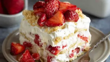 A slice of no-bake strawberry icebox cake with layers of whipped cream, graham crackers, and fresh strawberries, served on a plate with a fork.