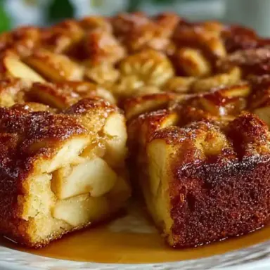 Close-up of a moist Swedish Apple Cake topped with spiced apple chunks, caramel sauce, and powdered sugar, with a slice cut out to reveal its tender crumb.