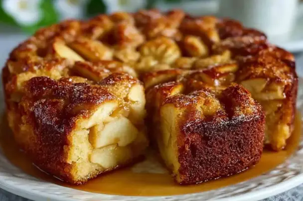 Close-up of a moist Swedish Apple Cake topped with spiced apple chunks, caramel sauce, and powdered sugar, with a slice cut out to reveal its tender crumb.