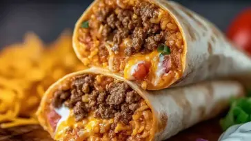 Close-up of a sliced Beefy Melt Burrito filled with seasoned ground beef, melted cheese, seasoned rice, sour cream, and chipotle sauce wrapped in a warm flour tortilla.