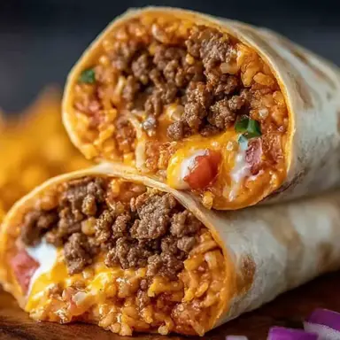 Close-up of a sliced Beefy Melt Burrito filled with seasoned ground beef, melted cheese, seasoned rice, sour cream, and chipotle sauce wrapped in a warm flour tortilla.