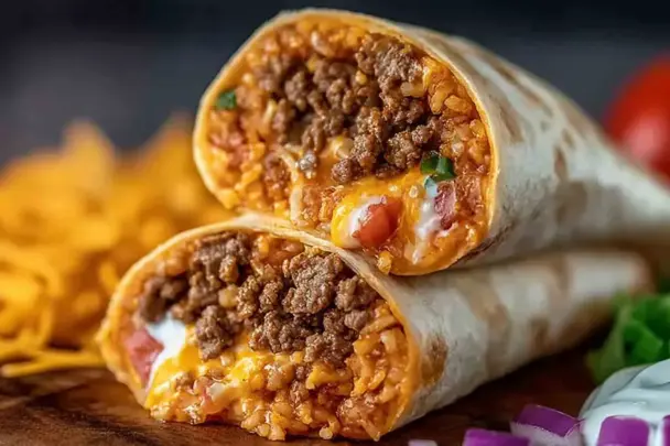 Close-up of a sliced Beefy Melt Burrito filled with seasoned ground beef, melted cheese, seasoned rice, sour cream, and chipotle sauce wrapped in a warm flour tortilla.