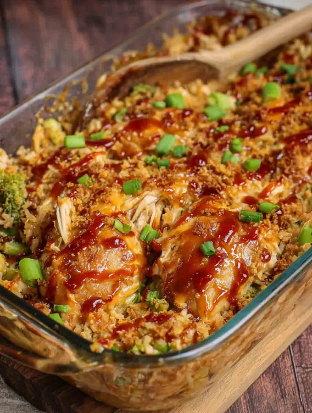 A baked Teriyaki Chicken Casserole in a glass dish, topped with a glossy teriyaki glaze, chopped green onions, and a golden crispy topping, served with a wooden spoon.
