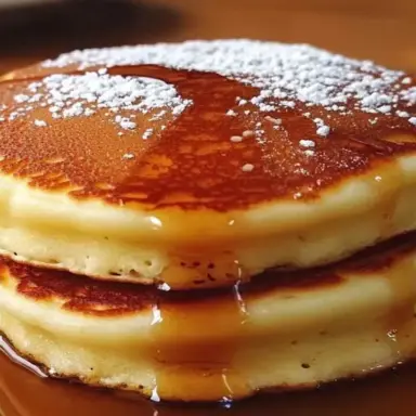 Stack of two fluffy golden pancakes drizzled with maple syrup and dusted with powdered sugar, served on a green plate.