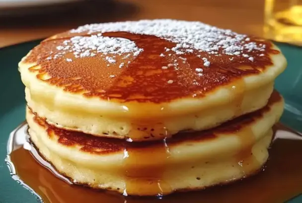 Stack of two fluffy golden pancakes drizzled with maple syrup and dusted with powdered sugar, served on a green plate.