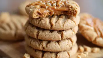 A stack of thick and chewy peanut butter cookies with crisp edges and soft centers, topped with a drizzle of melted peanut butter and sprinkled with flaky sea salt.