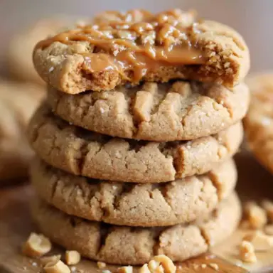 A stack of thick and chewy peanut butter cookies with crisp edges and soft centers, topped with a drizzle of melted peanut butter and sprinkled with flaky sea salt.