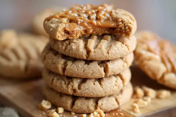 A stack of thick and chewy peanut butter cookies with crisp edges and soft centers, topped with a drizzle of melted peanut butter and sprinkled with flaky sea salt.