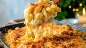 A close-up of a wooden spoon lifting a cheesy, golden-brown serving of baked Tinis Mac and Cheese from a skillet, with gooey cheese stretches and a crispy topping.