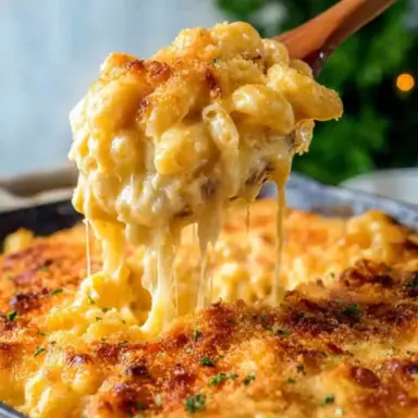 A close-up of a wooden spoon lifting a cheesy, golden-brown serving of baked Tinis Mac and Cheese from a skillet, with gooey cheese stretches and a crispy topping.