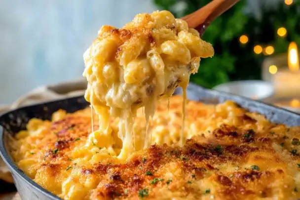 A close-up of a wooden spoon lifting a cheesy, golden-brown serving of baked Tinis Mac and Cheese from a skillet, with gooey cheese stretches and a crispy topping.