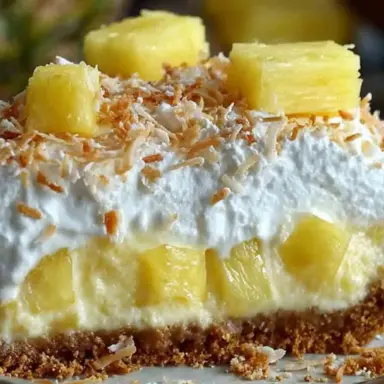 A slice of Tropical Pineapple Paradise Pie with graham cracker crust, creamy pineapple filling, whipped topping, toasted coconut, and pineapple chunks on top.
