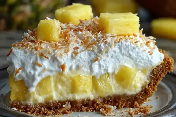 A slice of Tropical Pineapple Paradise Pie with graham cracker crust, creamy pineapple filling, whipped topping, toasted coconut, and pineapple chunks on top.