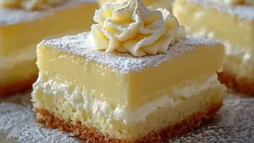 Close-up of a vanilla custard cream square with layers of sponge, whipped cream, and custard, topped with piped whipped cream and powdered sugar.