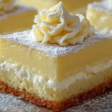 Close-up of a vanilla custard cream square with layers of sponge, whipped cream, and custard, topped with piped whipped cream and powdered sugar.
