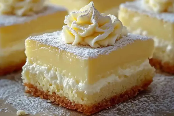 Close-up of a vanilla custard cream square with layers of sponge, whipped cream, and custard, topped with piped whipped cream and powdered sugar.
