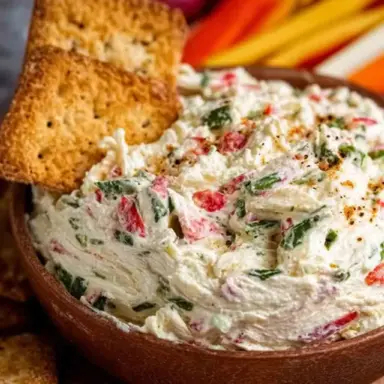A bowl of homemade veggie cream cheese with red peppers, green herbs, and two crispy crackers, surrounded by fresh-cut vegetables.