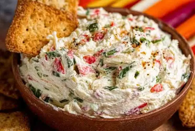 Close-up of a wooden bowl filled with veggie cream cheese topped with chopped red peppers, green herbs, and toasted crackers, with colorful vegetables in the background.