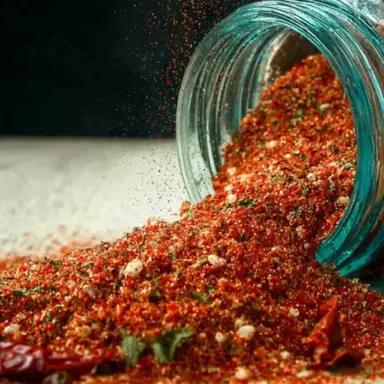 A vibrant homemade Voodoo Seasoning spice blend spilling from a glass jar, showing a mix of red chili flakes, herbs, and coarse salt on a white surface.