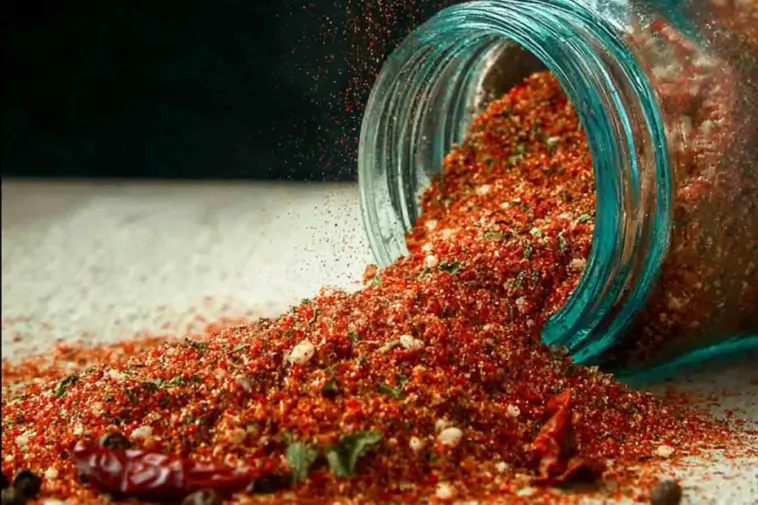 A vibrant homemade Voodoo Seasoning spice blend spilling from a glass jar, showing a mix of red chili flakes, herbs, and coarse salt on a white surface.
