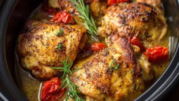 Close-up of golden brown chicken thighs slow-cooked in a black crockpot, surrounded by fresh herbs, tomatoes, and a rich broth.