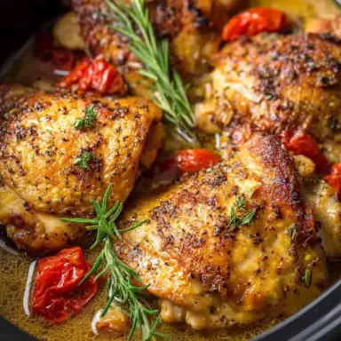 Close-up of golden brown chicken thighs slow-cooked in a black crockpot, surrounded by fresh herbs, tomatoes, and a rich broth.