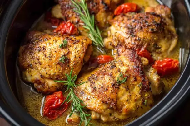 Close-up of golden brown chicken thighs slow-cooked in a black crockpot, surrounded by fresh herbs, tomatoes, and a rich broth.