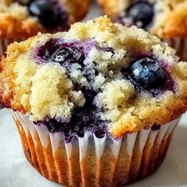 Close-up of a freshly baked blueberry muffin with a golden crumb topping and juicy blueberries, served in a white paper liner on a plate.