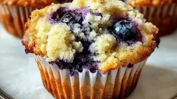 Golden-topped blueberry muffin with bursting blueberries and a soft crumb, displayed in a white paper liner on a plate, ready to serve.