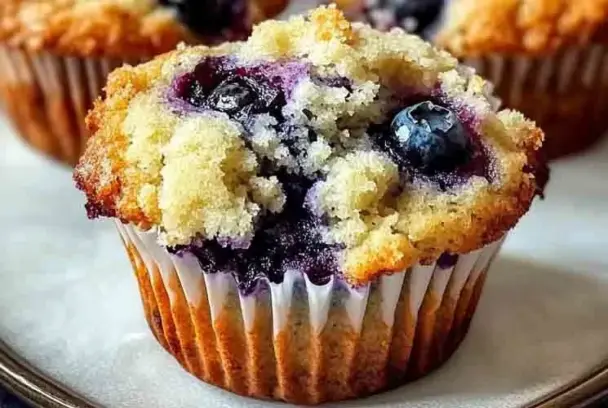 Golden-topped blueberry muffin with bursting blueberries and a soft crumb, displayed in a white paper liner on a plate, ready to serve.