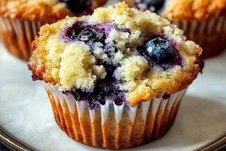 Golden-topped blueberry muffin with bursting blueberries and a soft crumb, displayed in a white paper liner on a plate, ready to serve.