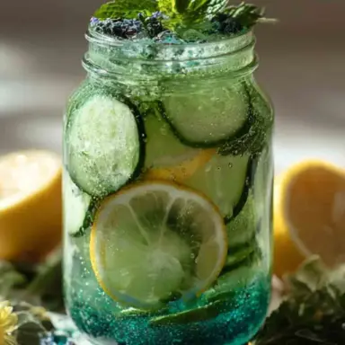 A glass jar filled with a vibrant teal-blue Brazilian Mounjaro drink, infused with cucumber slices, lemon rounds, mint leaves, and sparkling hydration. Surrounded by citrus and flowers in soft natural light.