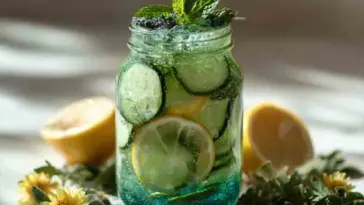 A glowing jar of Brazilian Mounjaro weight loss drink featuring lemon slices, cucumber rounds, mint leaves, and a sparkling blue spirulina base, surrounded by fresh lemons and yellow flowers in soft daylight.