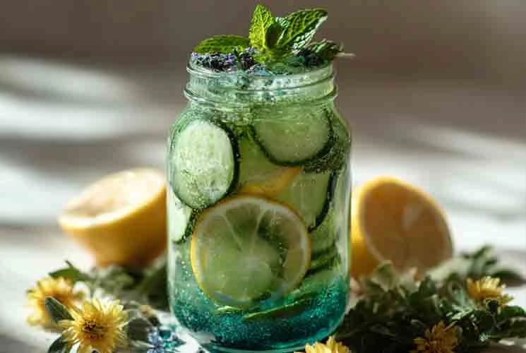 A glowing jar of Brazilian Mounjaro weight loss drink featuring lemon slices, cucumber rounds, mint leaves, and a sparkling blue spirulina base, surrounded by fresh lemons and yellow flowers in soft daylight.