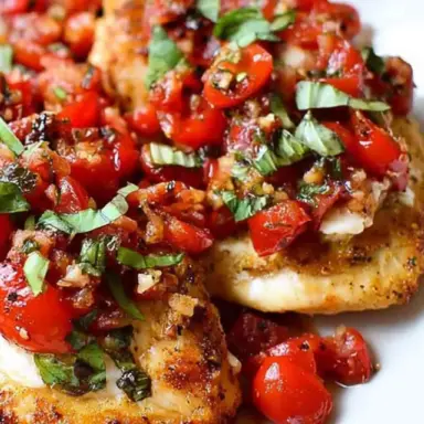 Close-up of golden pan-seared chicken breasts topped with a fresh bruschetta mix of cherry tomatoes, garlic, basil, and balsamic glaze on a white plate.