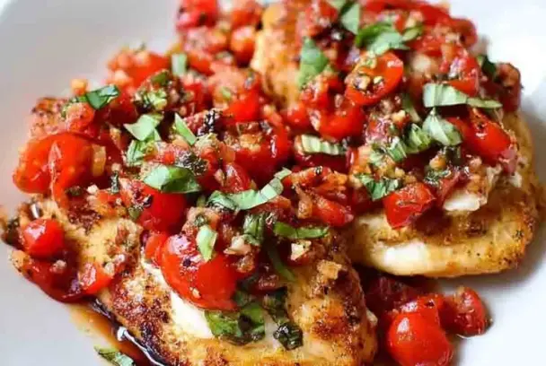 Pan-seared chicken breasts topped with a colorful bruschetta mix of diced cherry tomatoes, garlic, chopped basil, and balsamic glaze on a white plate.