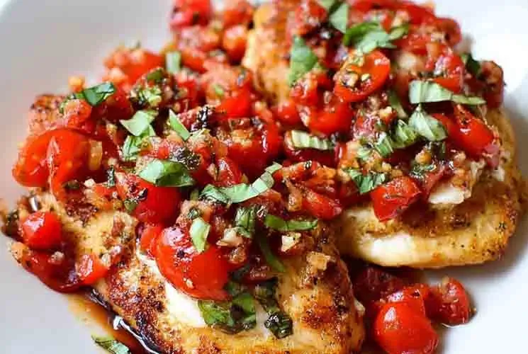 Pan-seared chicken breasts topped with a colorful bruschetta mix of diced cherry tomatoes, garlic, chopped basil, and balsamic glaze on a white plate.