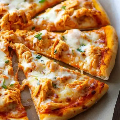 Close-up of sliced buffalo chicken pizza topped with melted cheese, shredded chicken in buffalo sauce, and fresh herbs on a golden crust.