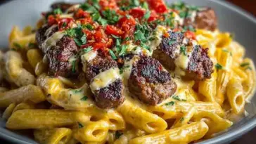 Creamy penne pasta coated in ranch honey cheese sauce, topped with slices of Cajun-seasoned steak, fresh parsley, and diced red peppers.