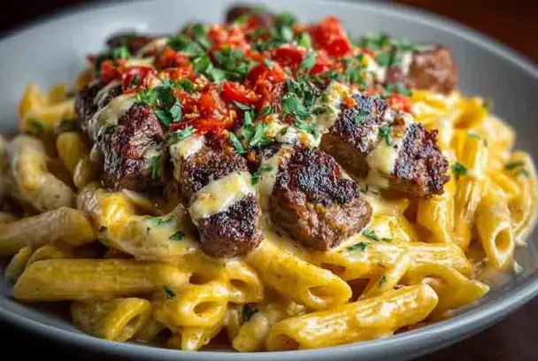 Creamy penne pasta coated in ranch honey cheese sauce, topped with slices of Cajun-seasoned steak, fresh parsley, and diced red peppers.