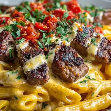 Close-up of Cajun-seasoned steak over creamy penne pasta tossed in a rich ranch honey cheese sauce, topped with chopped parsley and red pepper.