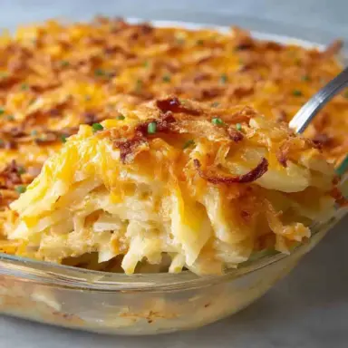 Close-up of a cheesy potato casserole with crispy topping, scooped from a glass baking dish showing creamy shredded potatoes and melted cheese layers.