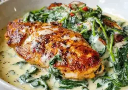 Golden-seared chicken breasts served in a creamy garlic parmesan sauce with wilted spinach and red pepper flakes, plated in a white bowl.
