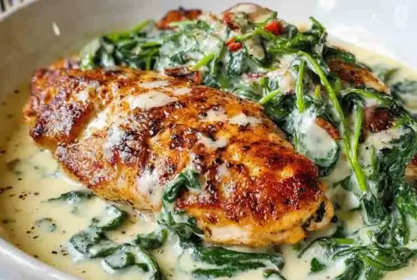 Golden-seared chicken breasts served in a creamy garlic parmesan sauce with wilted spinach and red pepper flakes, plated in a white bowl.